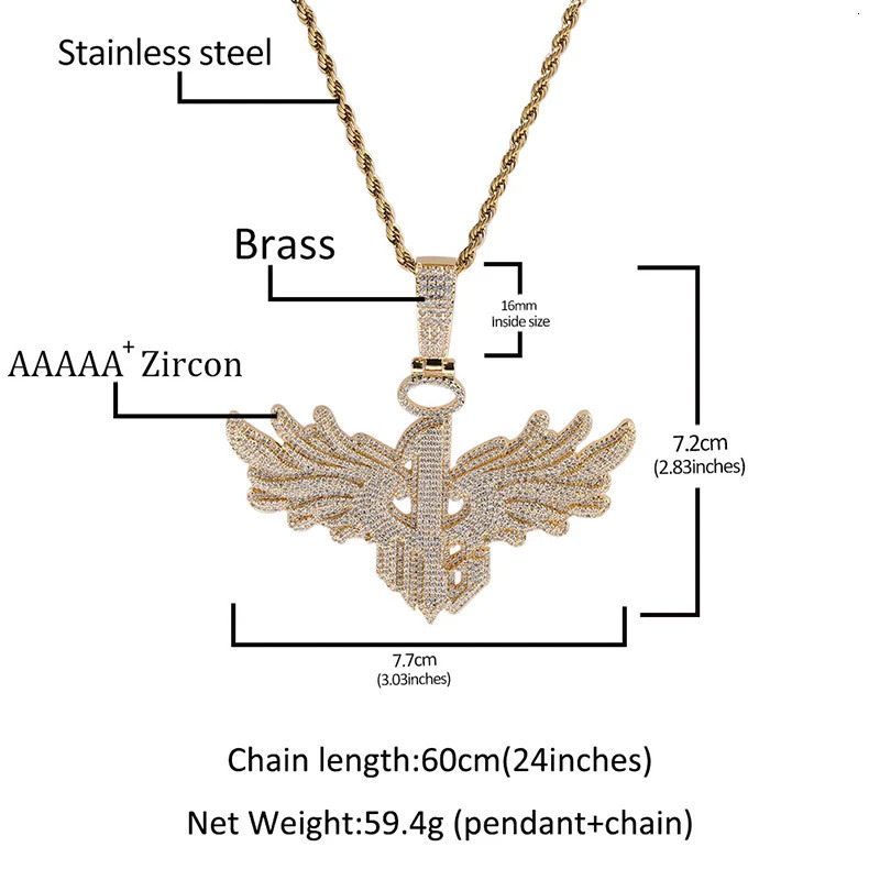 Hip Hop 5ACZ Stone Bling Ice Out Angel Wing Number 1 Pendant Necklace for Men Rapper Jewelry Gold Silver Color Drop 250109