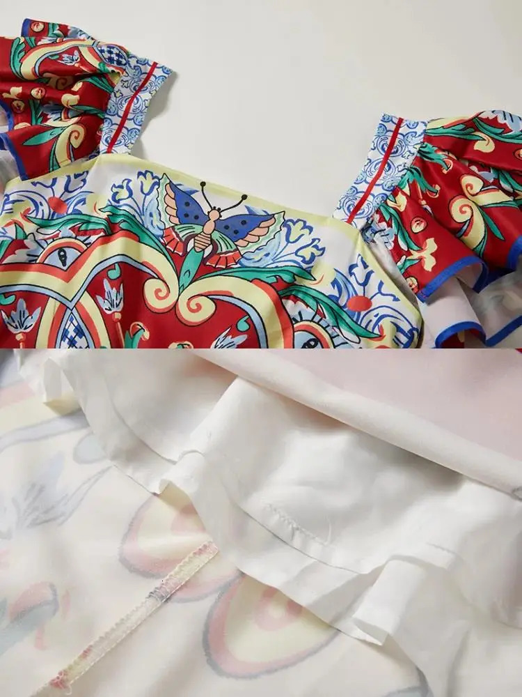 Women Square Collar Flying Sleeve Elegant Backless Long Dress Summer Rumway Fashion Flower Print High Waist Beach Party Vestidos 250106