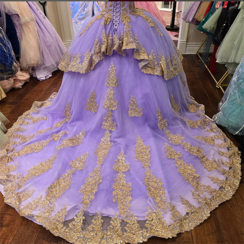 Luxury Lilac With Gold Vestidos De 15 Quinceanera Off Shoulders Princess Vestidos De Xv Anos Sweet 16 Dress Birthday Party Debutante Corset Lace Puffy