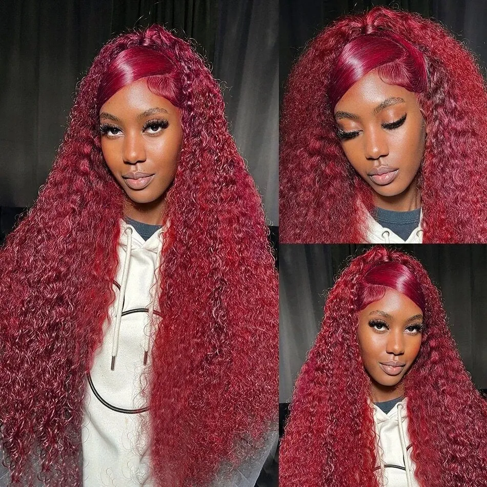 13x4 Lace Front Wine Red Deep Wave Wig glueless preplucked Long Natural Curly Wigs Heat Resistant Fiber Look Like Human Hair
