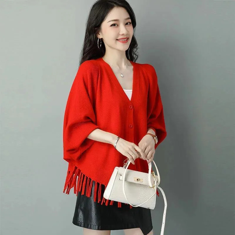 Fringed Bat Shirt Knit Cardigan Women Fashion Loose Coat Spring Autumn Short Jacket Foreign Sweater Outerwear Female Top 250108