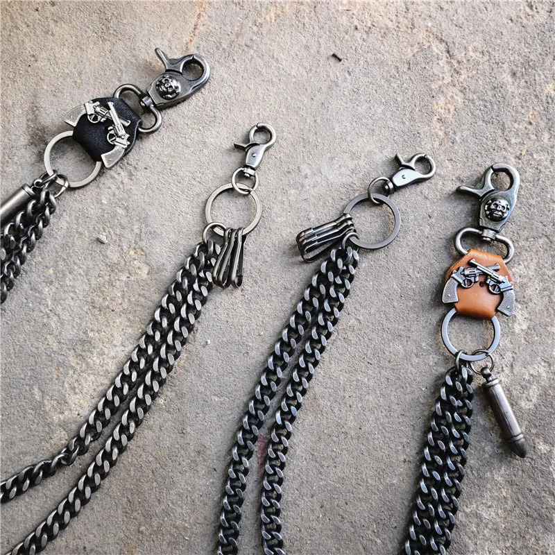 Double Gun Bullet Keychain Pendant Cowhide Metal Pants Chain Thick Double HipHop Punk Waist Chain Accessories Gifts Wholesale 250107