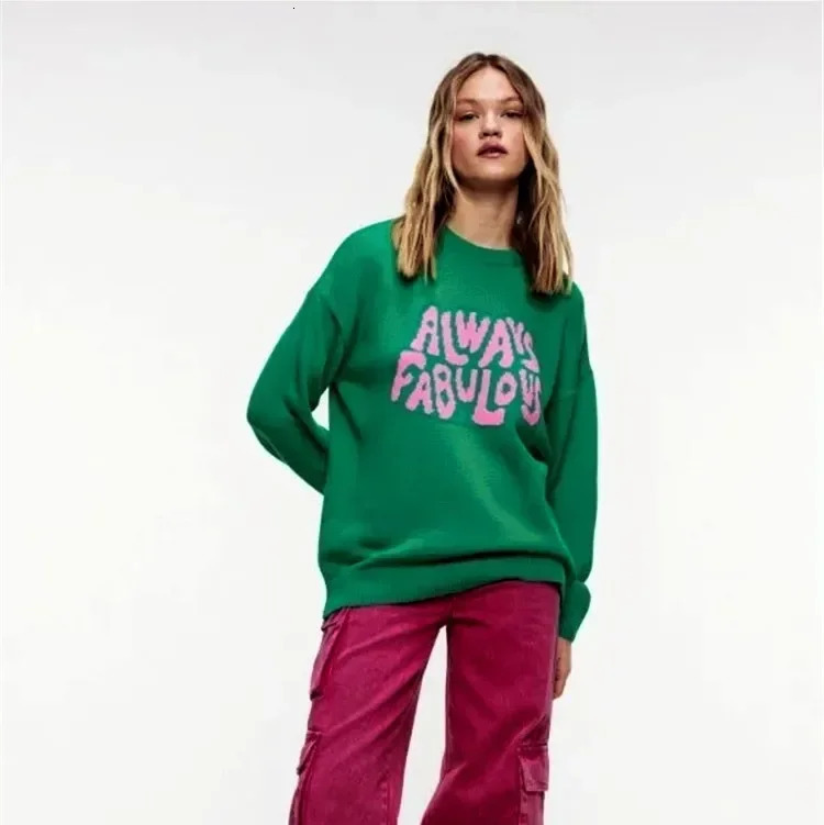 Autumn Winter Green Sweater Women Simple Pullover Knit Elastic Jumper Thick PINKY Warm Y2k Letter Streetwear Jacquard Jumpers 250108