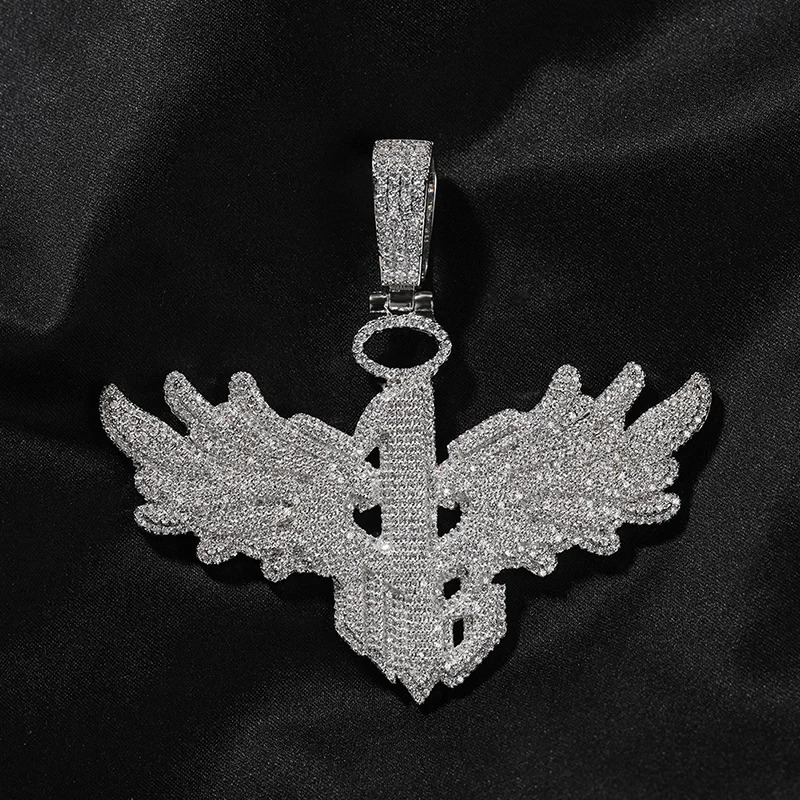 Hip Hop 5ACZ Stone Bling Ice Out Angel Wing Number 1 Pendant Necklace for Men Rapper Jewelry Gold Silver Color Drop 250109