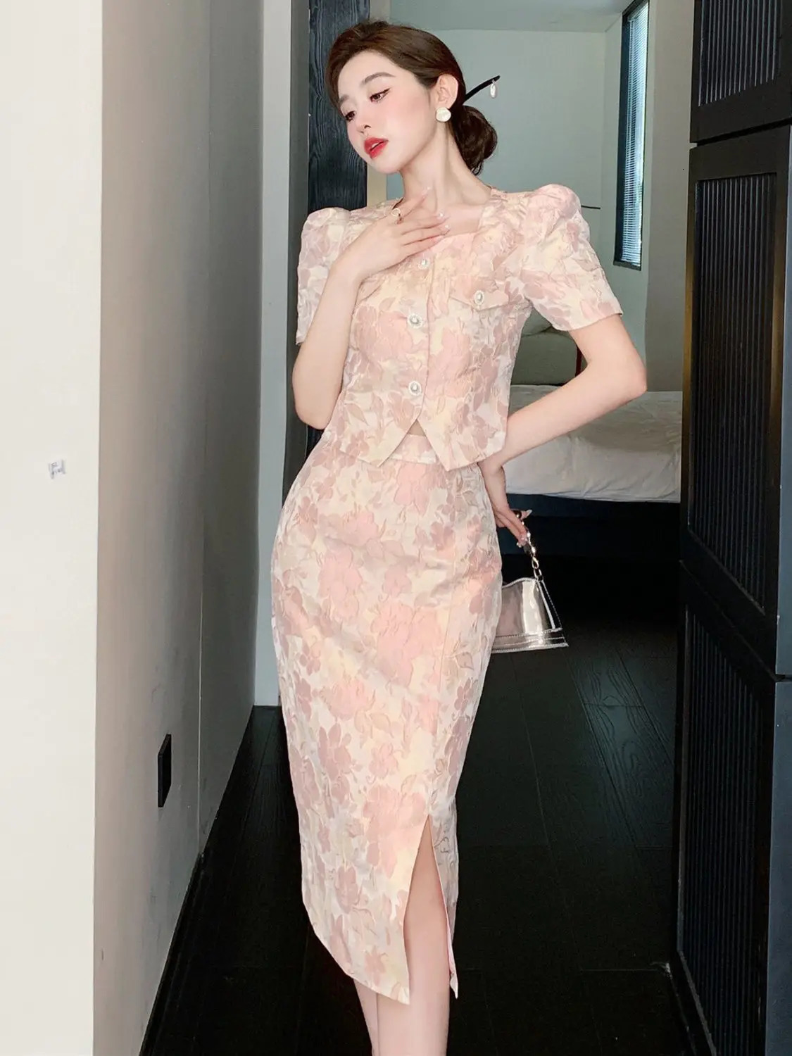 Xiaoxiangfeng Womens Set Skirt SpringSummer Elegant Celebrity Jacquard Short Top Half skirt Two piece 250106