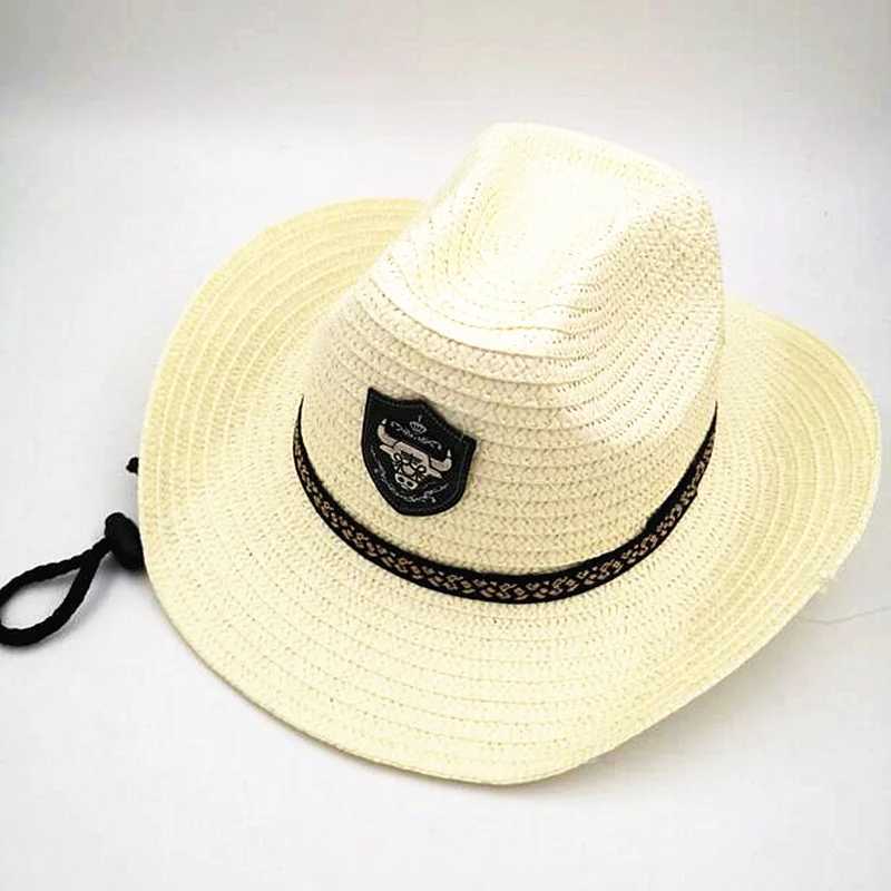 Summer Men Bl badge denim straw hat Sunhat rope jazz hat Western style wide Brim hat mens sun protection hat X250109