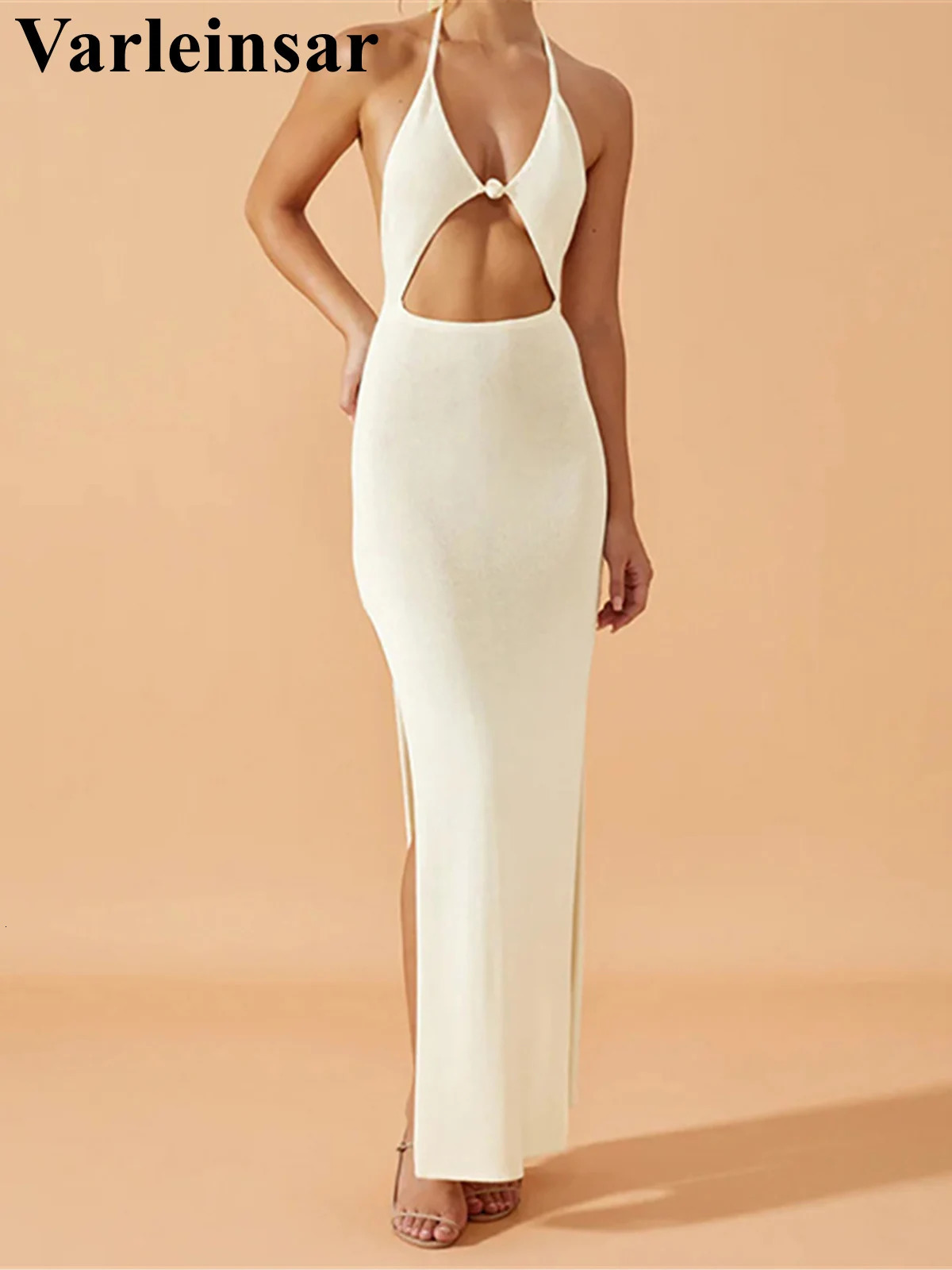 Sexy Knit Halter V Neck Slit Beach Maxi Dress For Women Chic Cut Out Backless Party Dresses Swimwear Cover Up V6164 250108