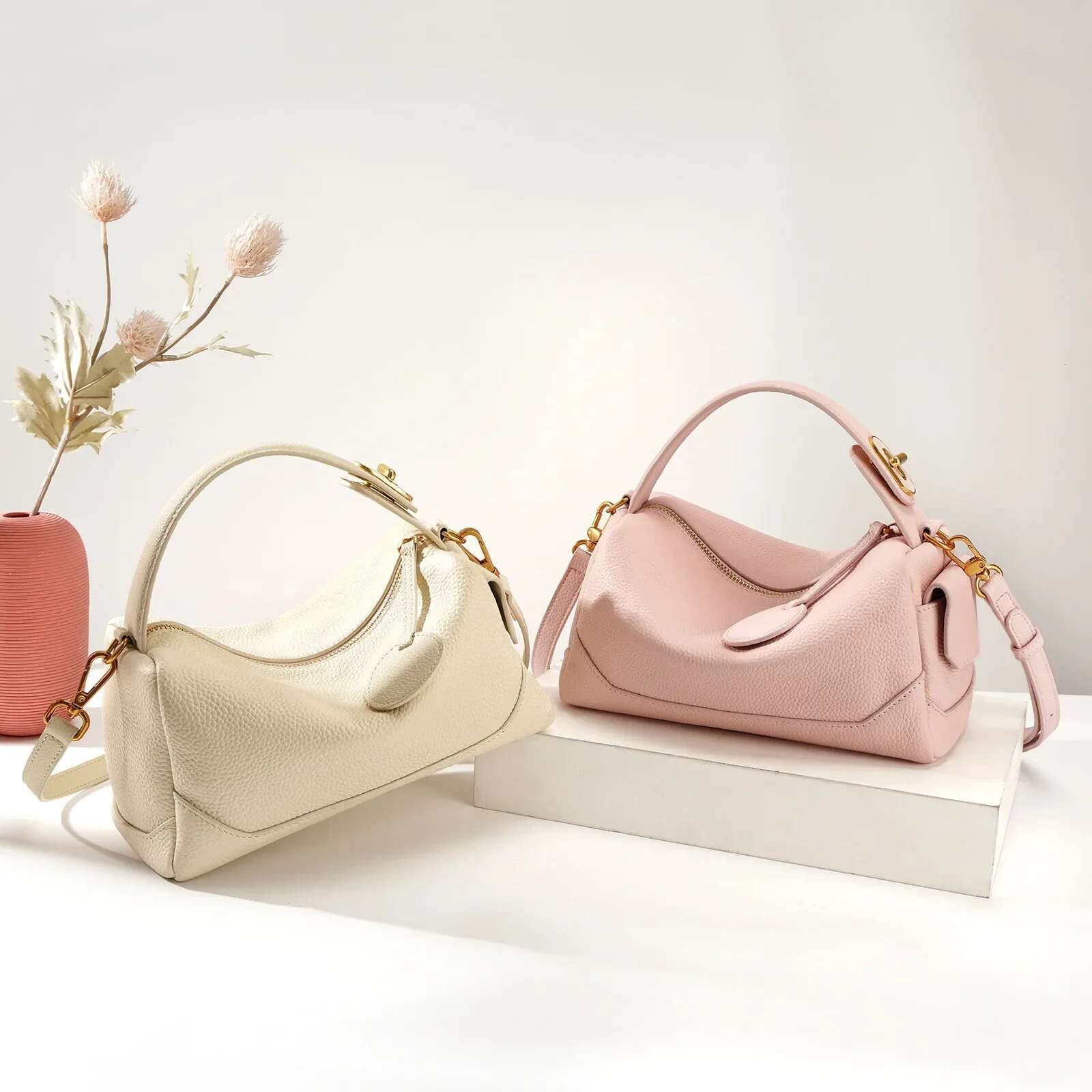 2025 Genuine Leather Women Boston Female Small Shoulder Bags Designer Pillow Handbags Versatile Messenger Bag Pink