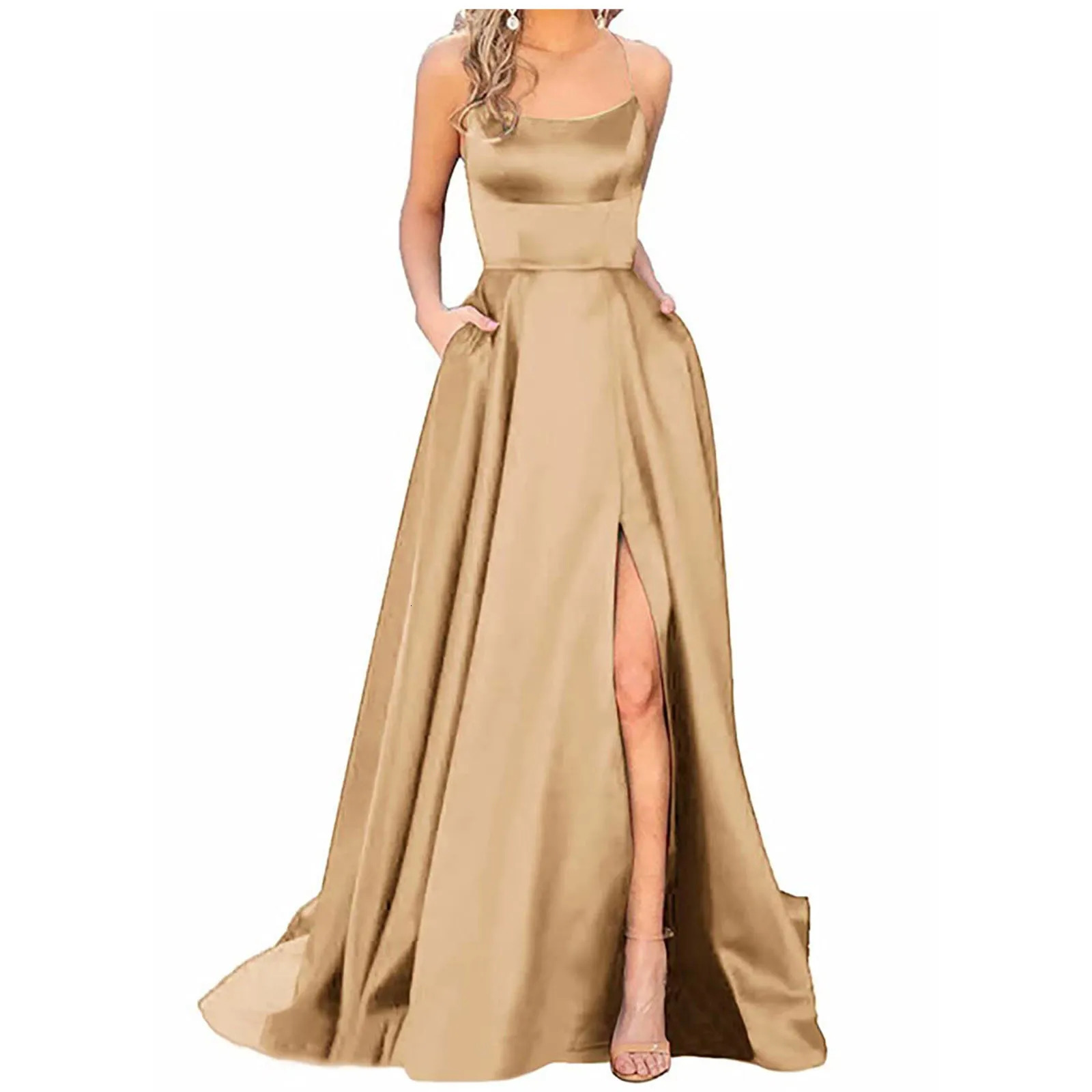 WomenS Long Dresses Backless Satin Strap Party Dress Side Slit Wedding Pockets Plus Size For Women 250106