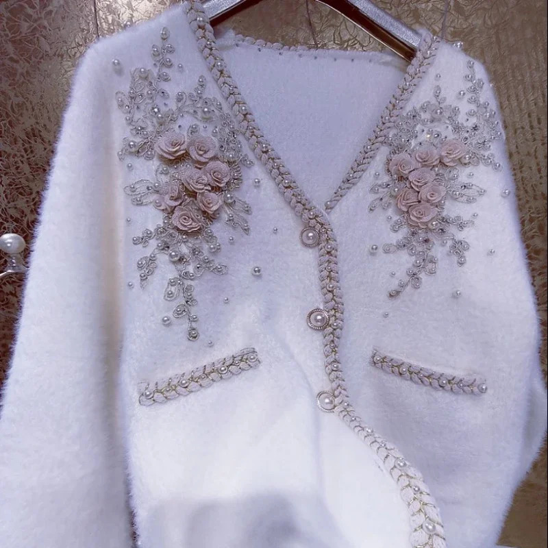 y 3D Flowers y Diamonds Beaded Coarse Mink Cashmere Knitted Cardigan Pearls PlushTwist Edge Mohair Sweater Coat 250108