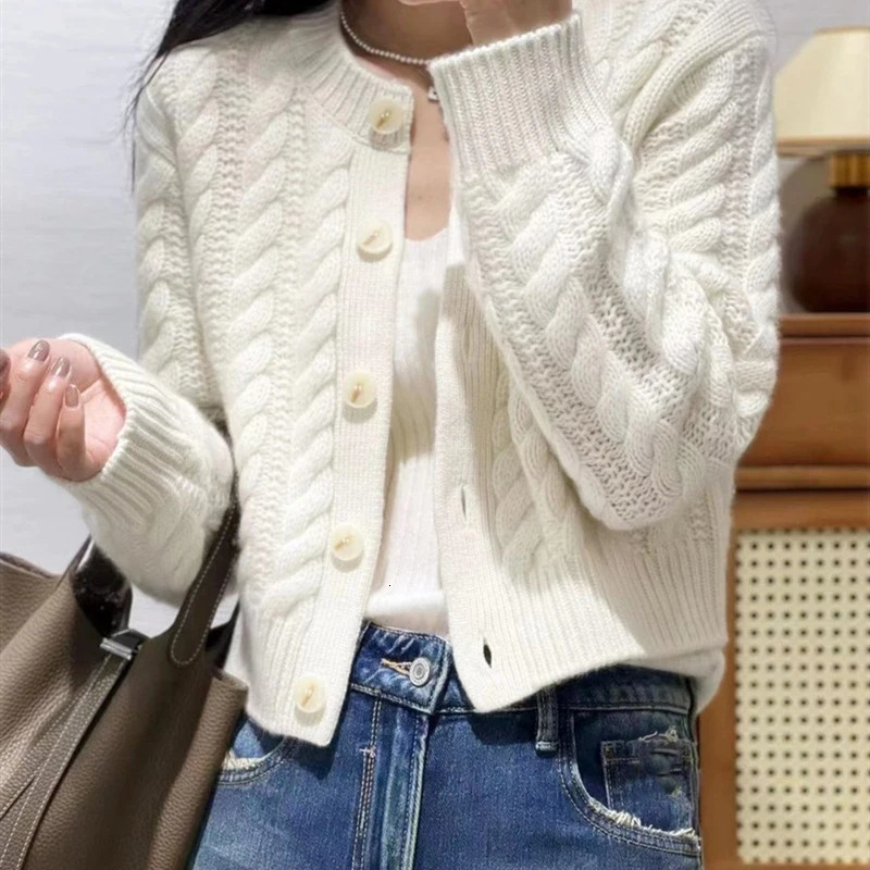 Autumn Long Sleeve Solid Color Singlebreasted Loose Knitted Cardigan Fashion Sweater Coat Women Female Casual Short Tops 250108