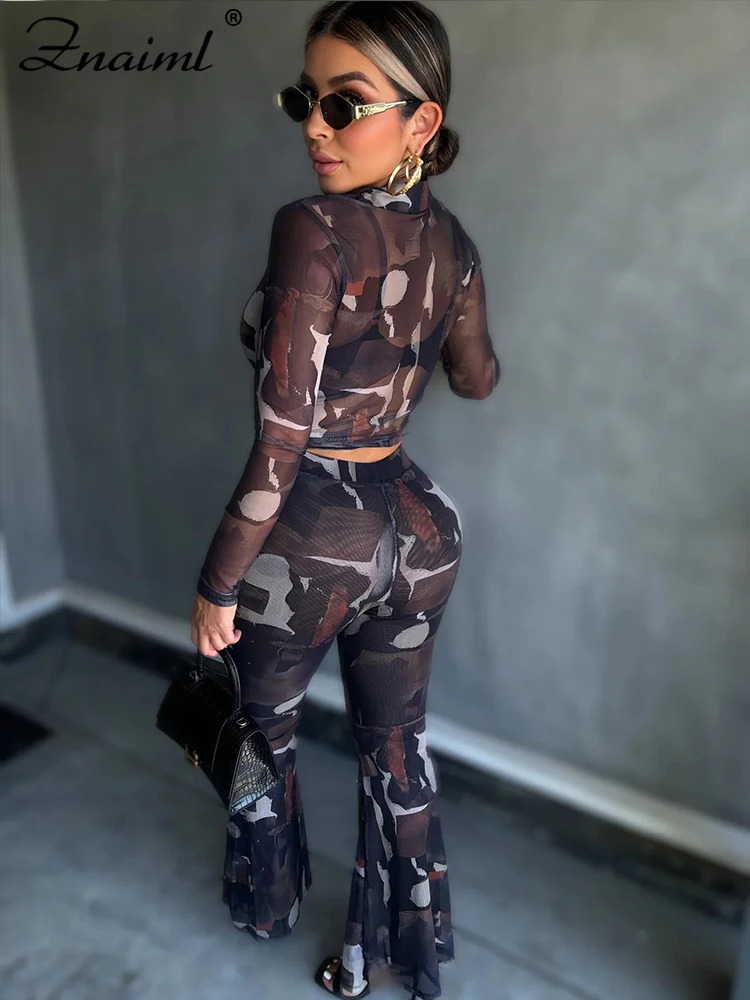 Znaiml Elegant Mesh Tie Tye Print Full Sleeve Single Breasted Shirts Tops and Flare Pants Two 2 Piece Matching Sets Women Outfit 250106