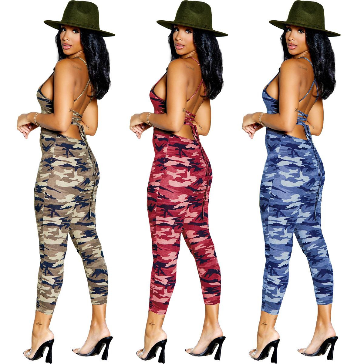 Women's casual cotton sexy lace up backless camouflage camisole jumpsuit