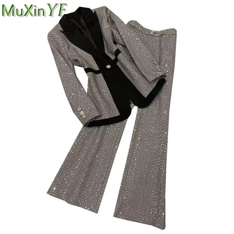 Women Blazers Long Wide Leg Pants 1 or Two Piece Set Korean Office Lady Graceful Slim Sequins Patchwork Suit Coat Trousers Sets 250106