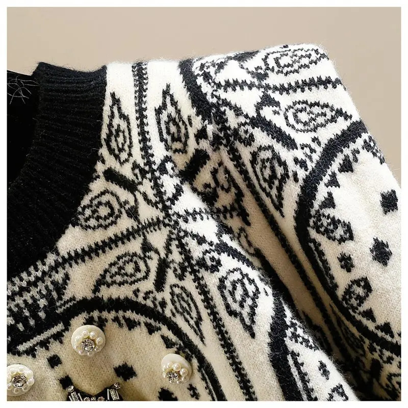 Women Clothing Fashion Chinese Style Diamonds Short Sweater Autumn Winter Vintage Streetwear Long Sleeve Pullovers Chic Y2k Tops 250108