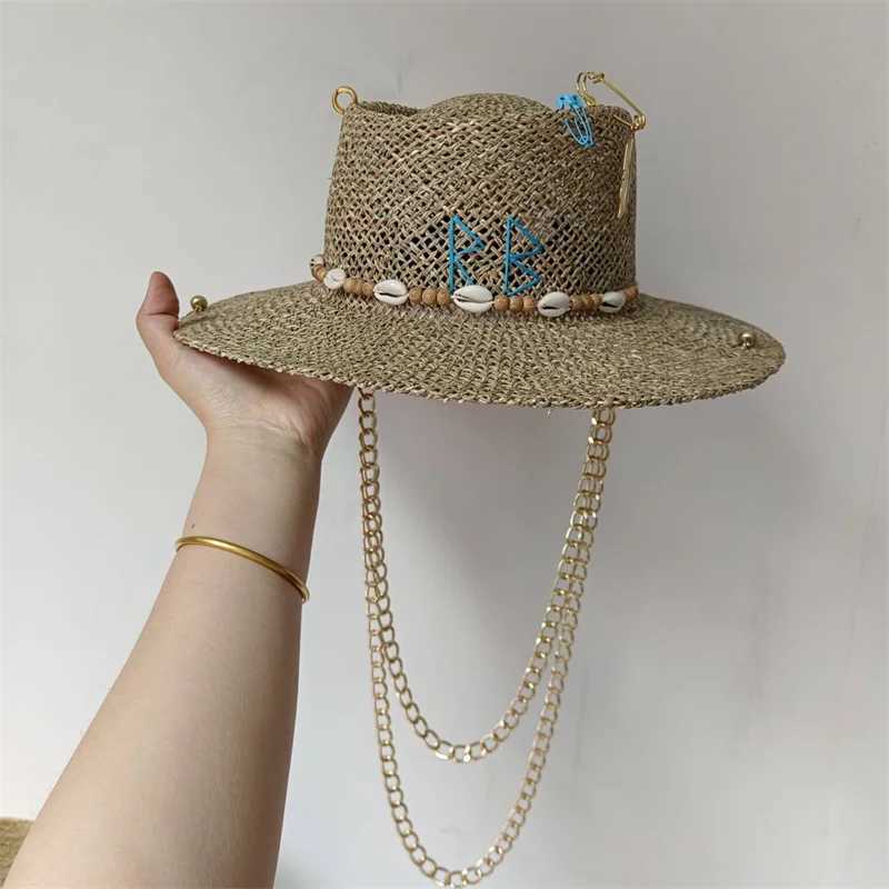 Beach Hat Punk Pearl Chain DIY Crown Sun Hat New Korean Alphabet Hat Beach Hat Mens and Wen Punk Hat Candy Color Sun X250109