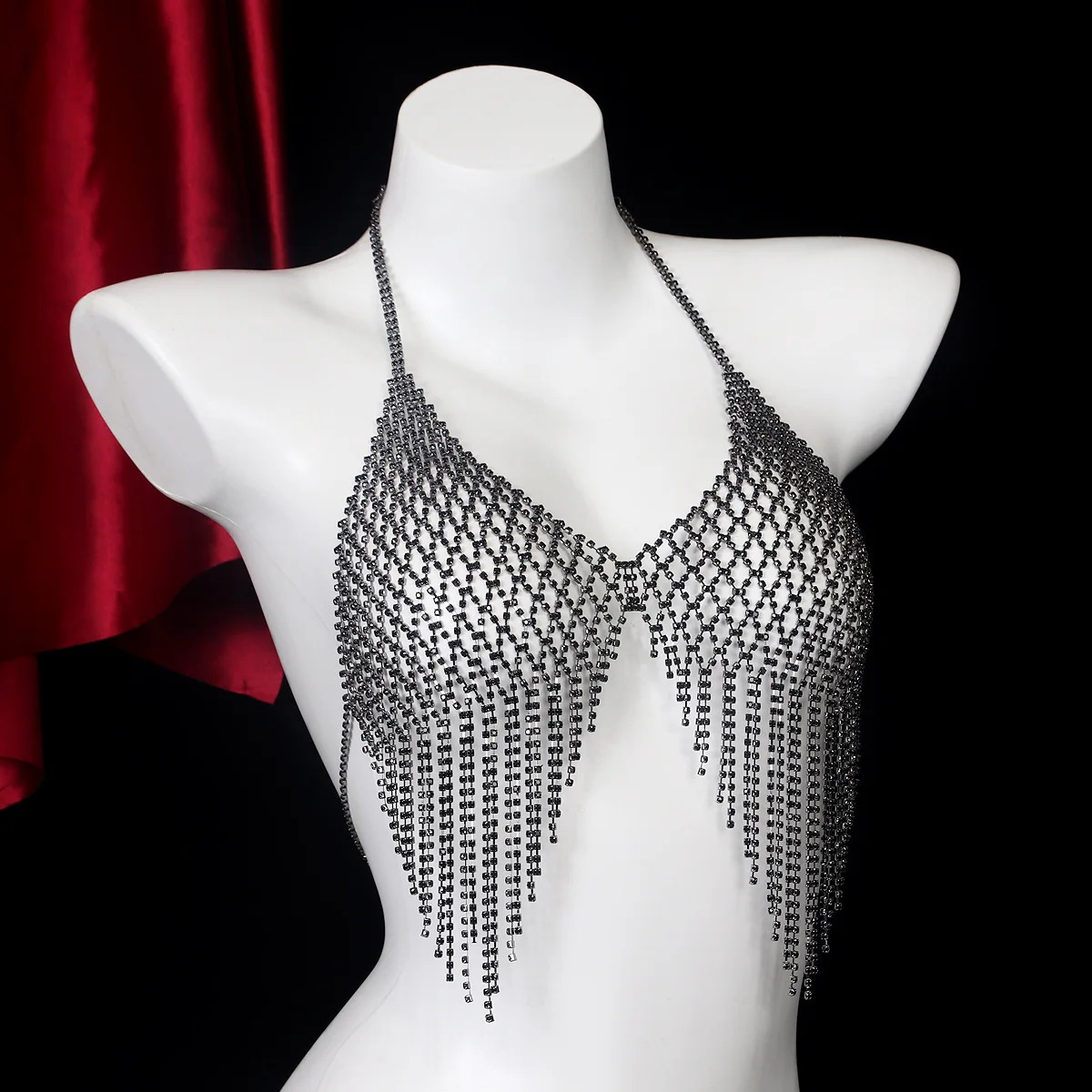 Fashionable Grid Tassels Retro Style Black Rhinestone Chest Chain Nightclub Womens Body Chain Jewelry 250107