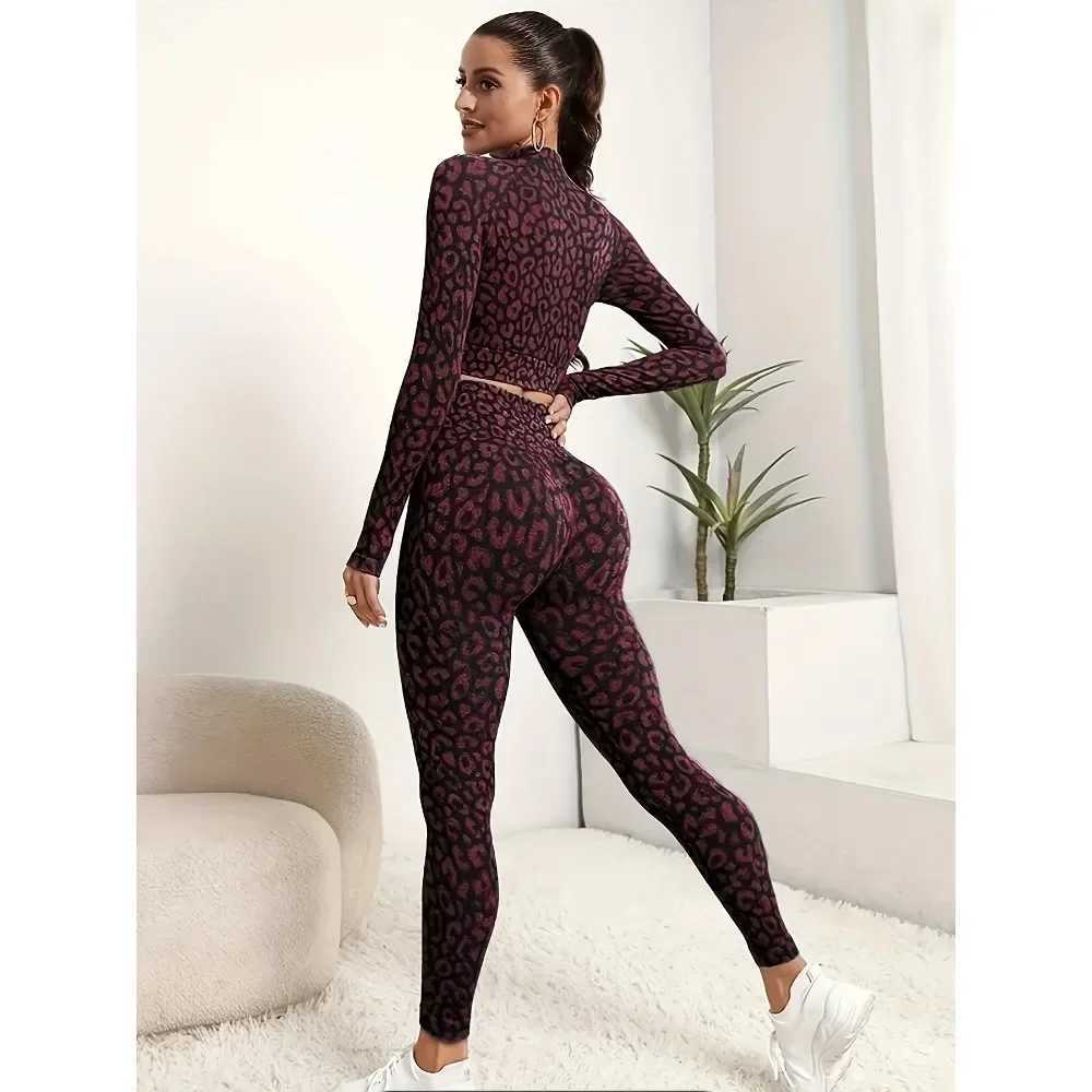 Womens Leopard Print Yoga Suit 2-Piece Athletic Set High Waist Leggings and Crop Top Stretchy Sportswear Quick-Dry FitnessXJ250109