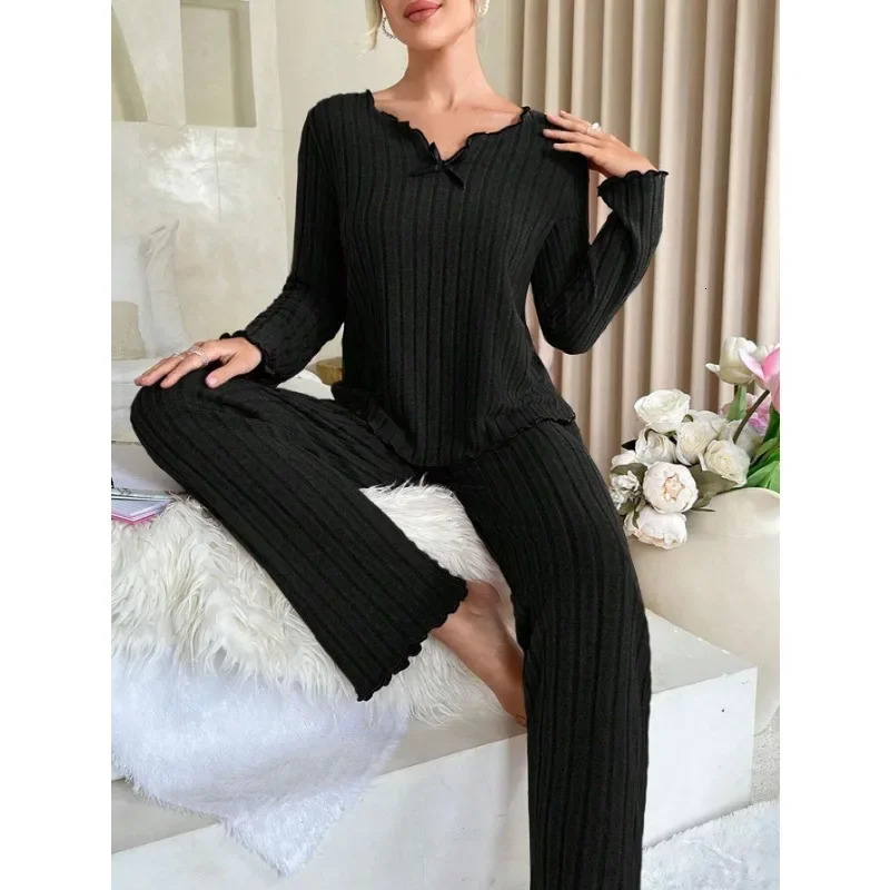 Women Autumn Winter Sleepwear Ribbed Pajamas Set Long Sleeve Top and Pants 2 Piece Casual Homewear Loungewear 250106