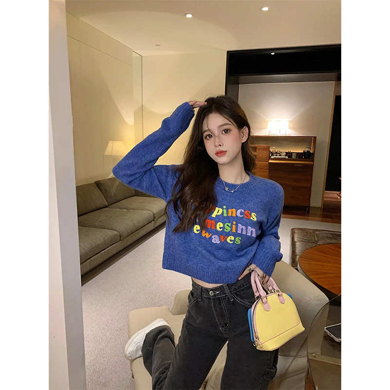 Multicolor Letter ed Pullovers Women Autumn Winter Sweet Fashion Long Sleeve Sweater Casual Allmatch Knitwear Tops 250108