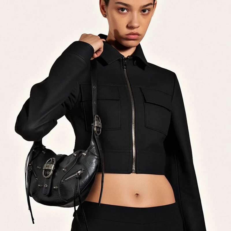JW Croissant Niche Design Summer New Motorcycle Series Rivet Cool Sass Shoulder Cross-Body Bag Handbags