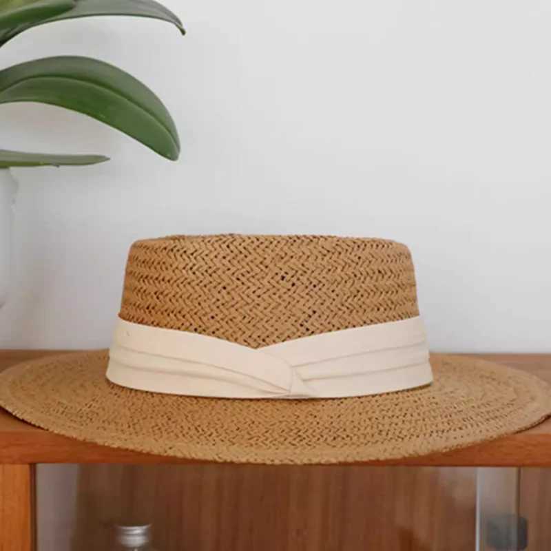 Dolphin French style warm summer sunny beach flat straw hat Khkai vacation Panama straw hat woven small top hat white ribbon X250109
