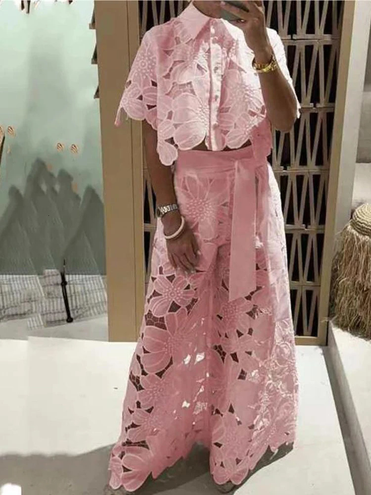 Sexy Women Lace Embroidery Hook Flower Hollow 2 Pieces Summer Temperament Solid Color Tailored Collar TopWide Leg Pants Suit 250109
