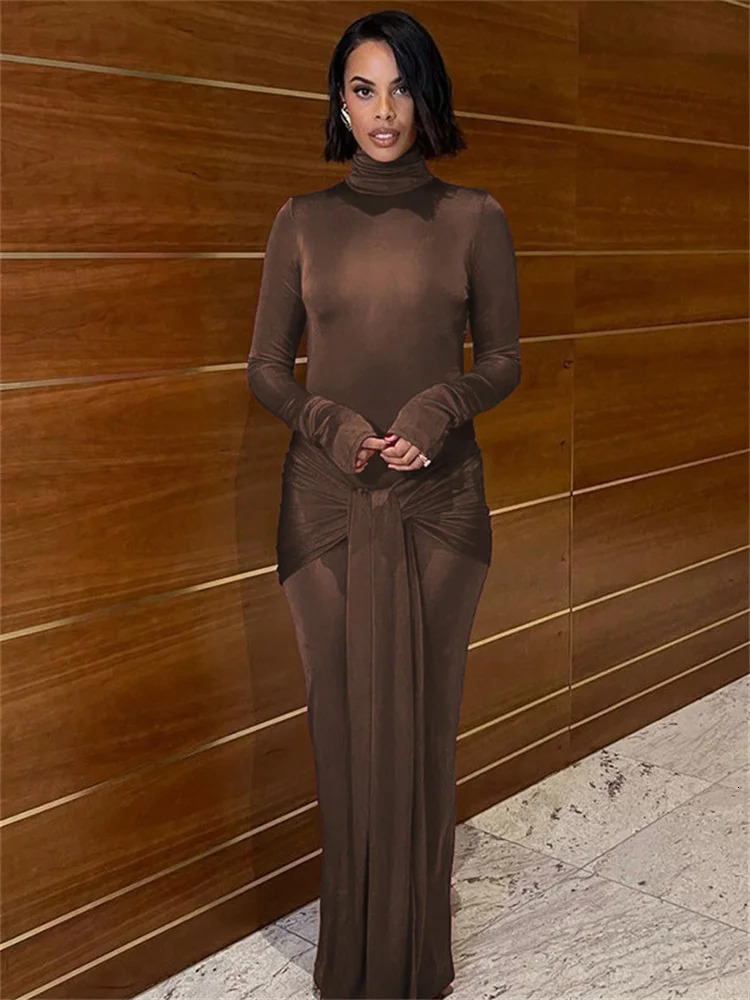 Tossy Fashion Bandage Spring Maxi Dress For Women Slim Pleated Long Sleeve Lace-Up Party Dress Ladies Solid Long Dress 250109