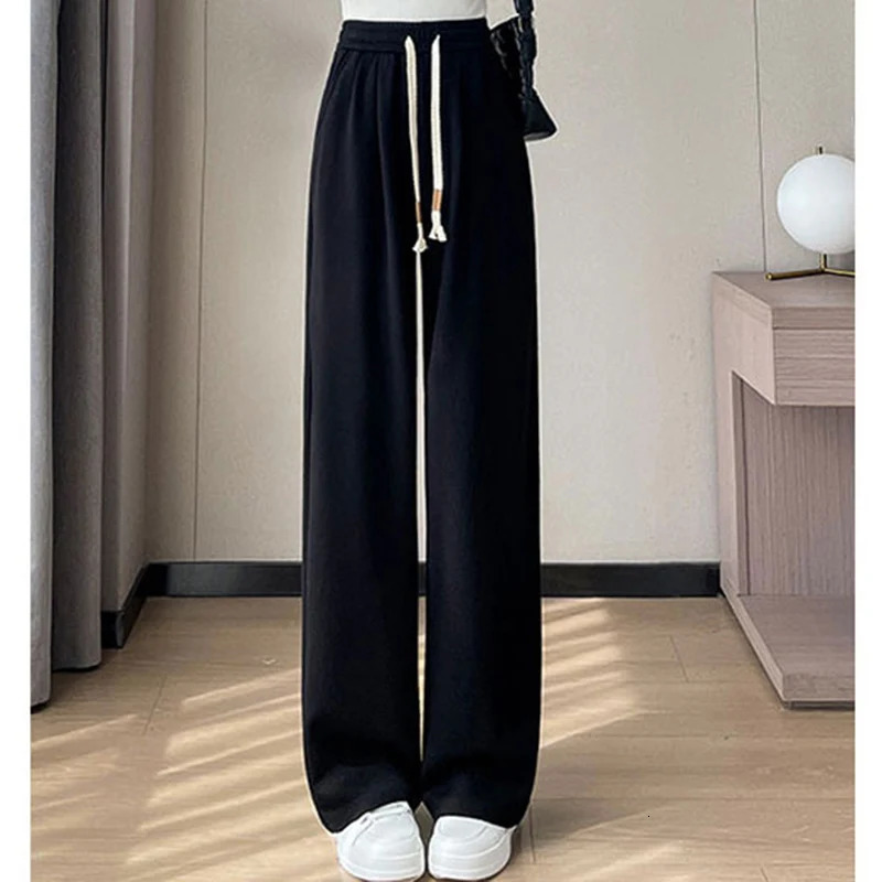 Autumn Women Classic Versatile Daily High Waisted Long Pants Lady Fashion Solid Cotton Elastic Wide Leg Straight Trousers 250108