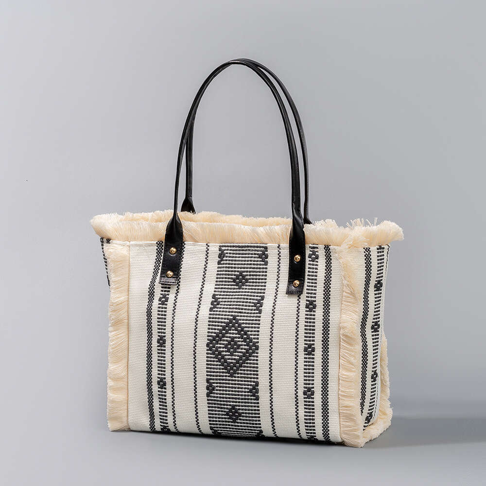 Canvas Large Capacity Women's Tote Bag, Four Sided Tassel Handbag, Niche Design, Ethnic Style Shoulder Bag