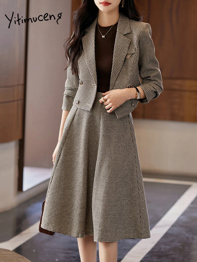 Yitimuceng Fashion Office Women Half Skirt Two Piece Set Long Sleeve Slim Fit Double Breasted 250106