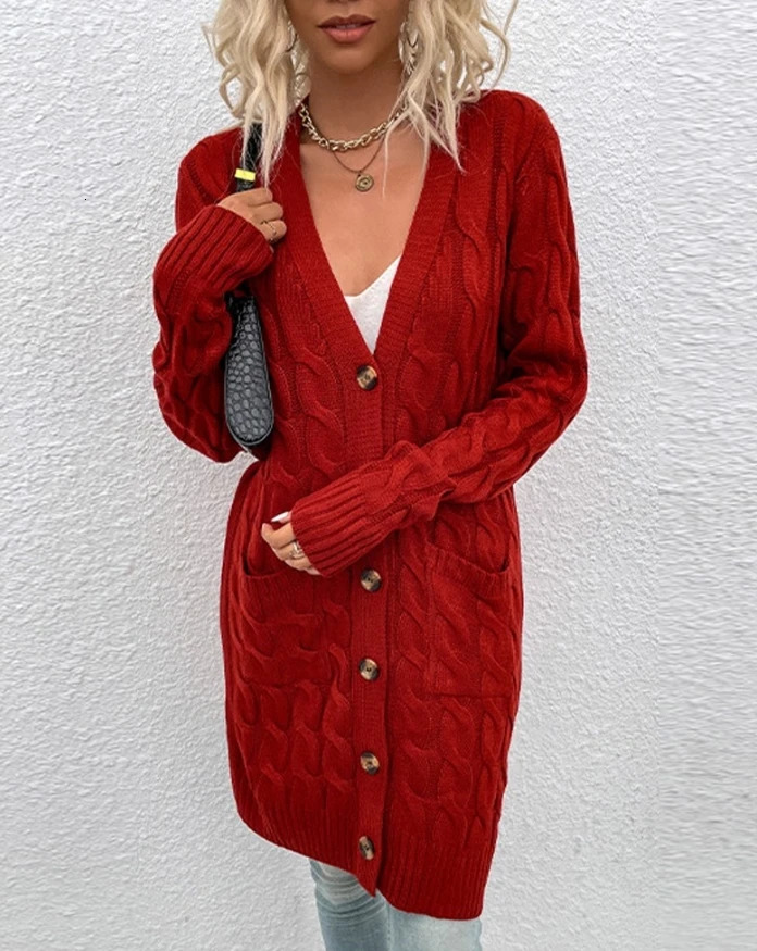 Womens Lazy Style Cardigan Autumn Winter Latest 2025 Long Sleeve Button Pocket Front Cable Knit Jacket Coat Open Front Top 250106