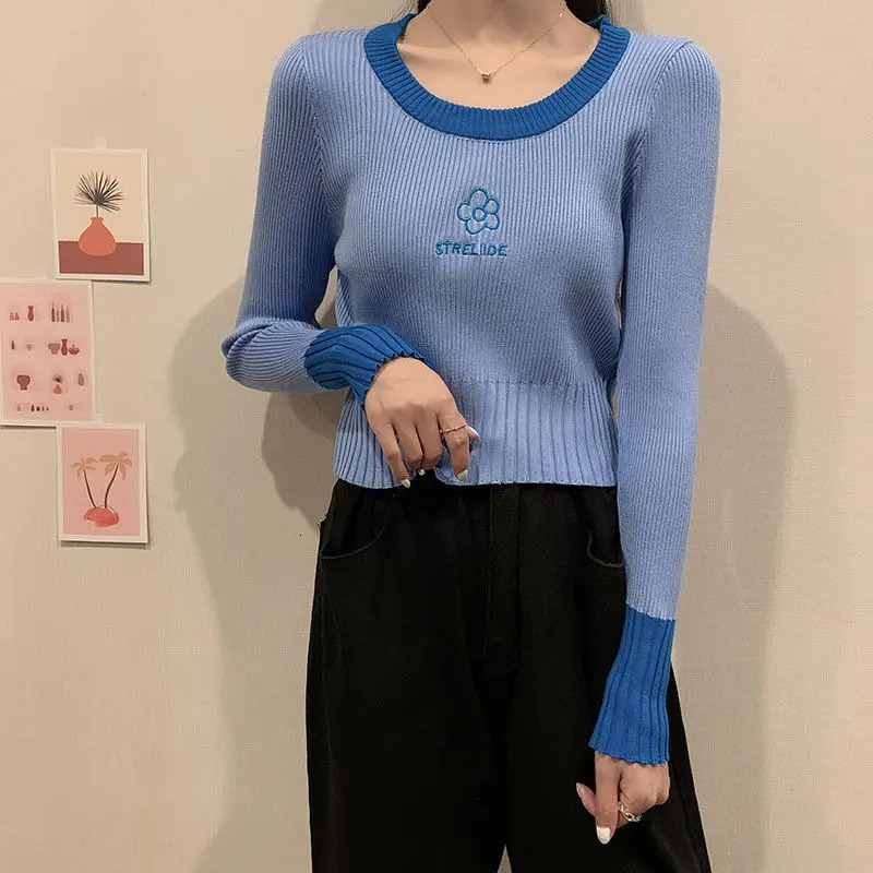 Spring Autumn Screw Thread Letter Flower y Womens Clothing Pullover Long Sleeve Sweater Knitted Round Neck Tops 250108