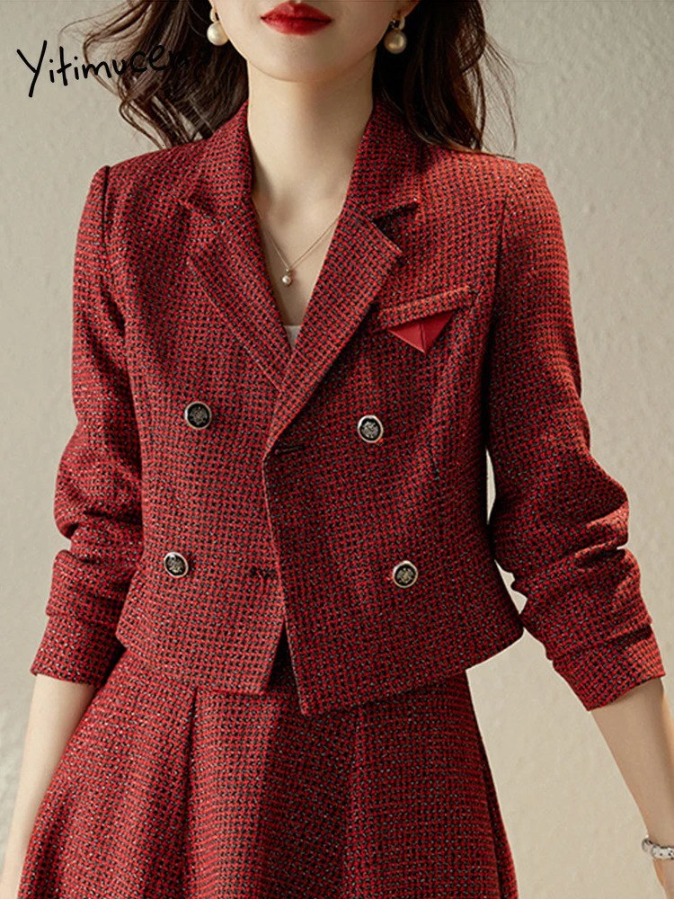 Yitimuceng Fashion Office Women Half Skirt Two Piece Set Long Sleeve Slim Fit Double Breasted 250106