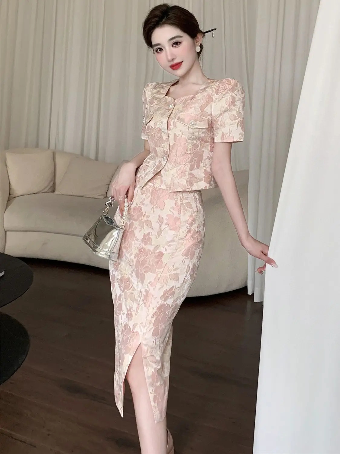 Xiaoxiangfeng Womens Set Skirt SpringSummer Elegant Celebrity Jacquard Short Top Half skirt Two piece 250106