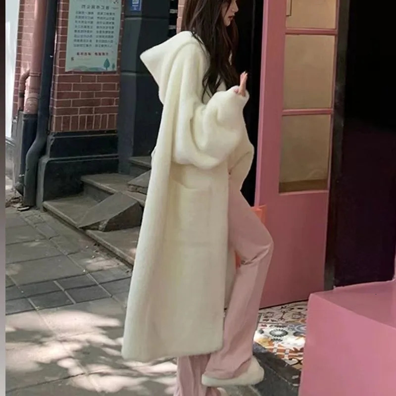 Thick hooded knitted cardigan jacket for sweater autumn and winter womens gentle lazy style knee length coat 250108