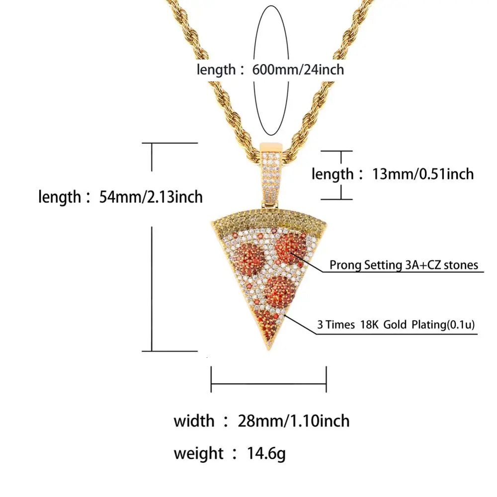 TOPGRILLZ Iced Out Pizza Pendant Necklace Copper Gold Silver Color Micro Paved Cubic Zircon Hip Hop Jewelry Gift For Men 250109