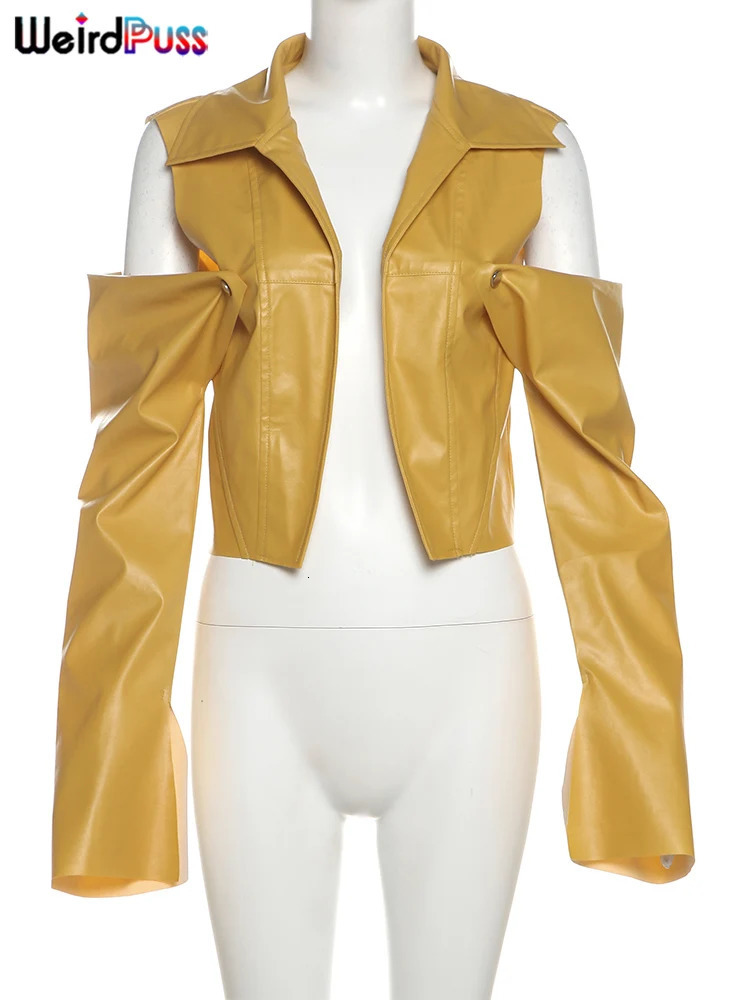 Weird Puss PU Hipster Crop Jacket Women Hollow Long Sleeve Cardigan Autumn Wild Basic Streetwear Patchwork Stripe Y2K Trend Coat 250109