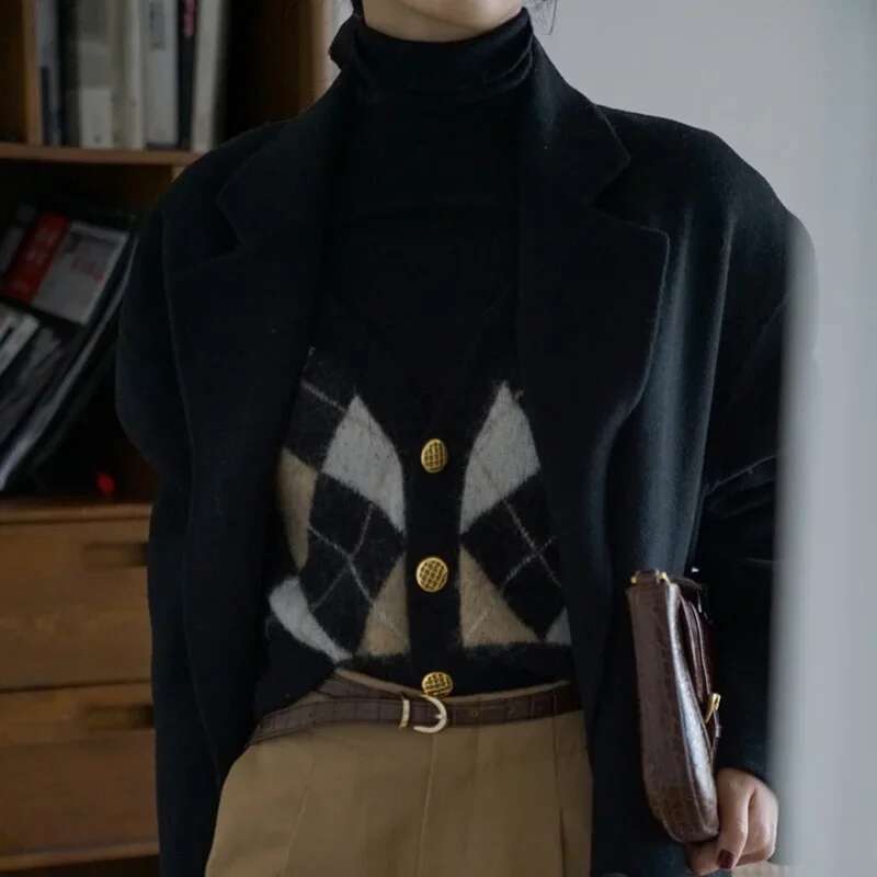 Vintage Plaid Knitted Cardigan Elegant Women Old Money Style V-Neck Sweaters Female 90S Office Outfits Korean Fashion