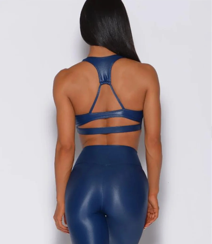 Pmwrun Womens Active Wear Bomb Shiny Fabric Leather Like Quick Dry Sport Bra Top High Waist Legging Yoga Set 250109