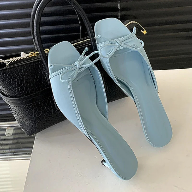 Fashion Kitten Heel Slippers for Women Satin Bow Concise Comfort Slides Female Summer New Low Heel Open Toe Mules Sandals Women 250109