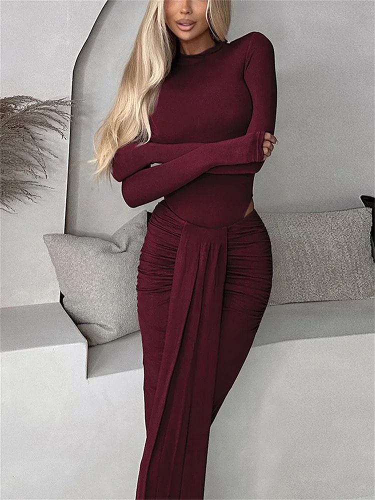 Tossy Winter Ladies 2 PieceSet Maxi Skirt Casual High Waist Jumpsuit And Pleated Long Outfits Sexy Solid Skinny 250106