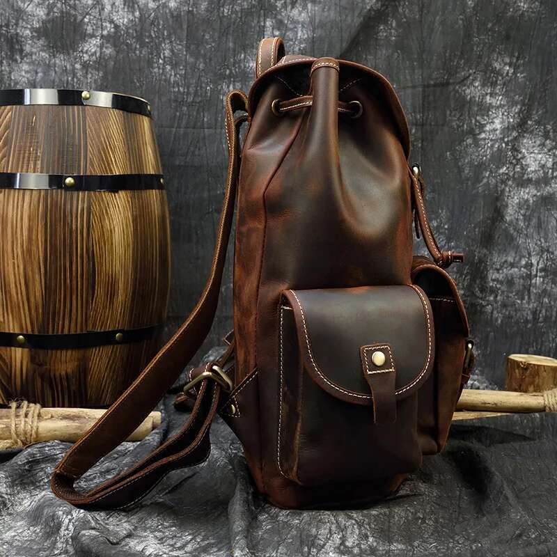 Vintage Crazy Horse Mens Thick Genuine Leather Women Rucksack Big Capacity Travel Bag School Backpack