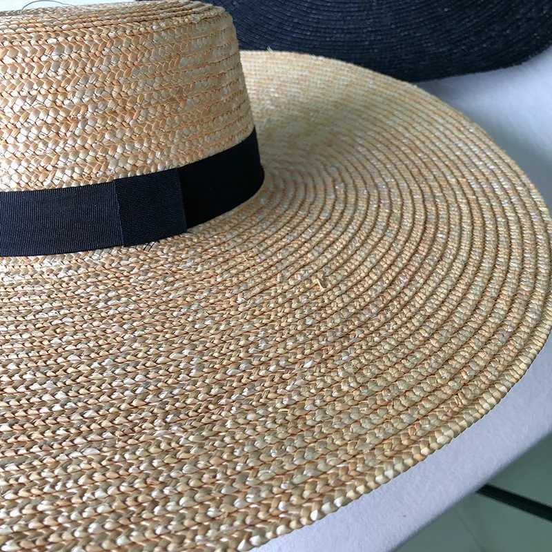 New Brim rowing hat 15cm wide Brim straw hat plain weave summer Kentucky derby hat white black ribbon tie sun hat beach hat X250109