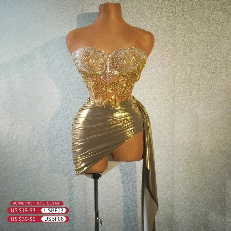 Cocktail Dresses Gold Color Women Sexy Strapless Bodycon Mini Dress Bar Singer Nightclub Party Celebrate Birthday Sequin 250106