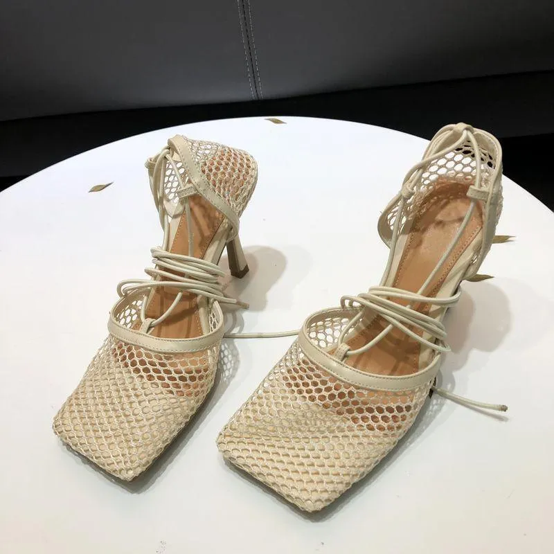 Summer Fashion Women's Square Toe Mesh Sandals Elegant Fishnet Design with 9cm High Heels