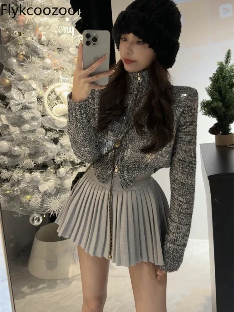 Women Autumn and Winter Fashion Temperament Sequin Knit Sweater High Waist Slimming Pleated Skirt Tweed Set 250109