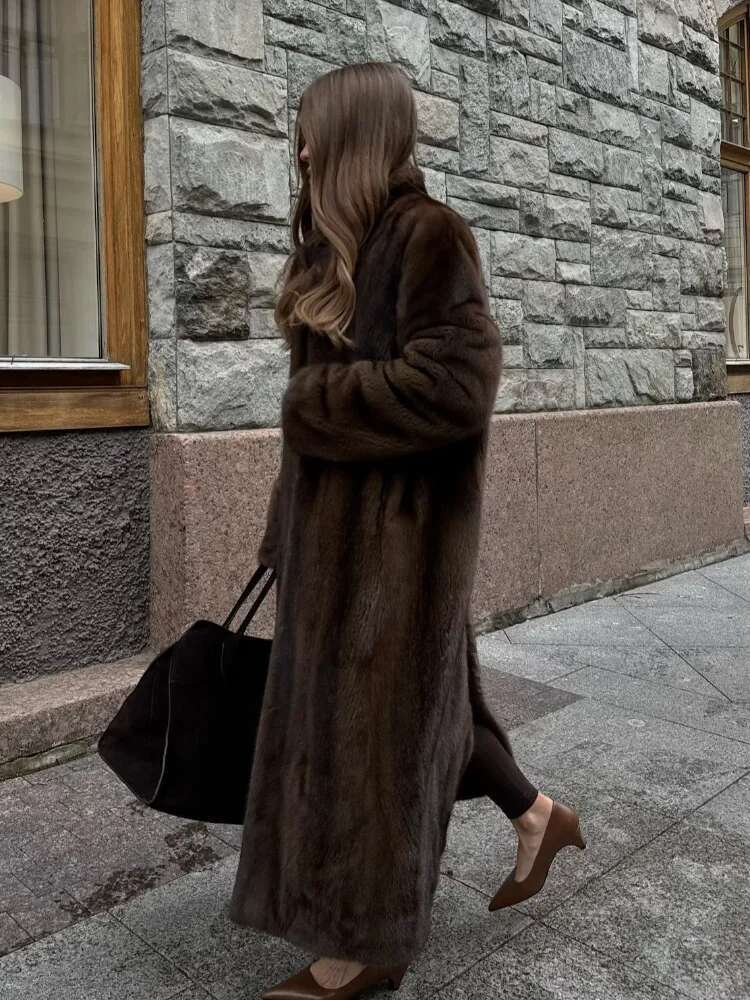 Women Fashion Dark Brown Thicken Warm Faux Fur Long Overcoat Retro Full Sleeve Oversize Stand Collar Jacket New Lady Streetwear