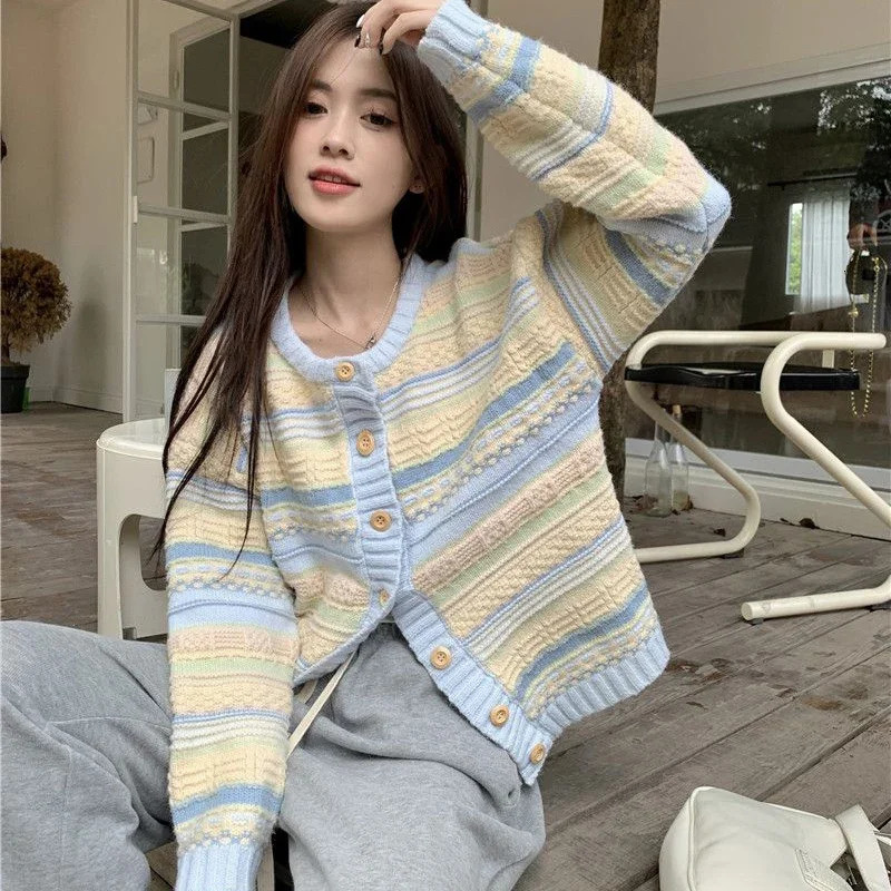 Rimocy Sweet Mixed Color Round Neck Cardiagns Women Korean Single Breasted Knitted Cardigan Woman Chic Long Sleeve Knitwear 250108
