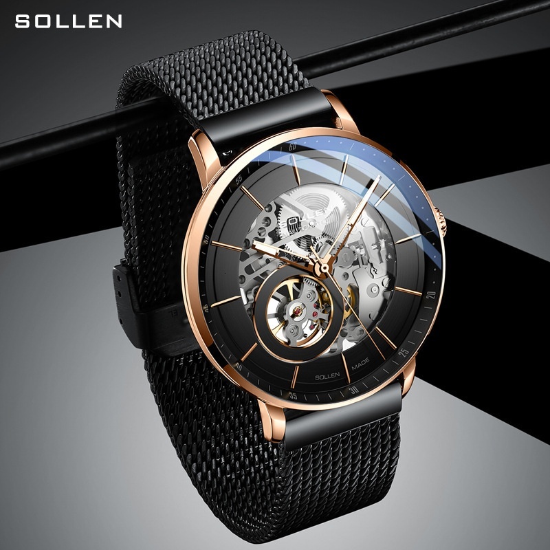 Solen Men's Automatic Skeleton Mechanical Watch with Full Steel Mesh Strap